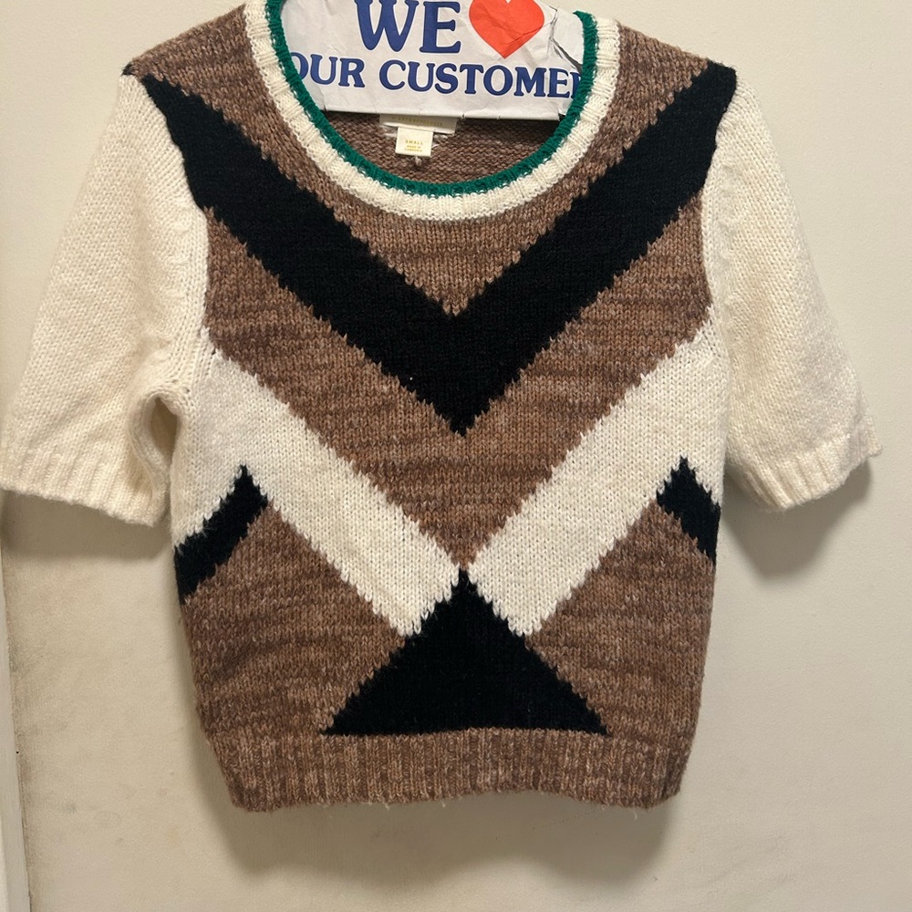 Anthropologie Maeve Brown Black White Sweater with Green Trim